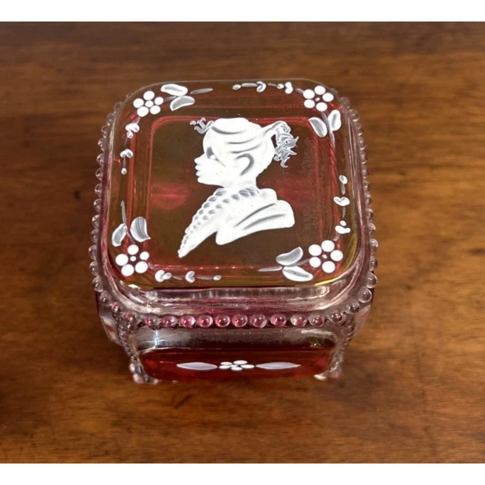 Westmoreland Cranberry Glass Trinket Box Cameo Hand Painted Signed 1977 VTG